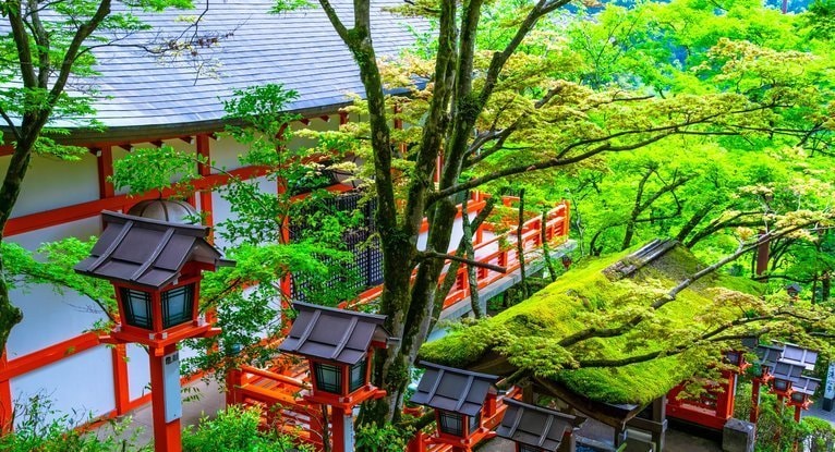 鞍馬寺の苔むした屋根と朱色の回廊、新緑に映えるレイキの聖地の風景