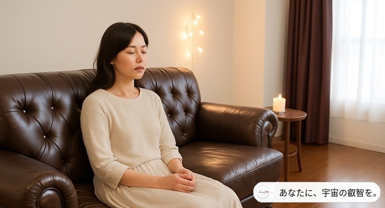 スピリチュアルリーディングとチャネリング講座のイメージ写真。東京・赤坂のクイーンズティーで、静かに目を閉じてセッションを受ける女性（あなたに、宇宙の叡智を。）