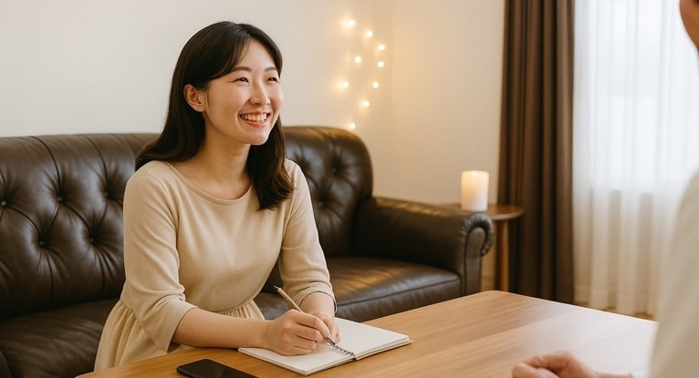 レイキ伝授セミナーで講師の話を聞きながらノートを取る受講生の様子（東京赤坂レイキ東京・クイーンズティーのサロン）