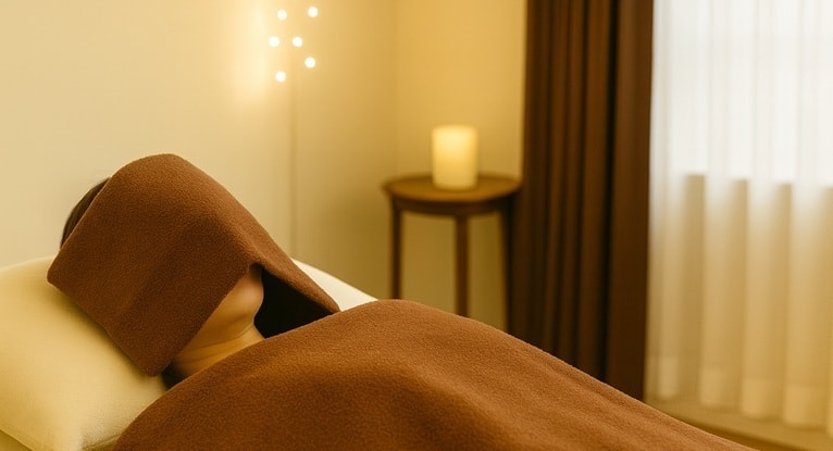 レイキのアチューメントを受ける前に、タオルと茶色の毛布に包まれ、キャンドルの灯るサロンのベッドで静かに横たわっている女性の様子（東京赤坂クイーンズティー）