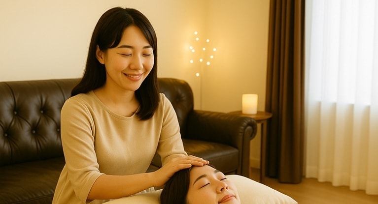 レイキ伝授後に仲間の頭部へそっと手を当ててヒーリング練習をしている女性の様子（東京赤坂レイキ東京・クイーンズティーのサロン）