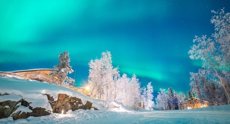 レイキを感じる、カナダ・イエローナイフのオーロラが輝く雪景色の夜空
